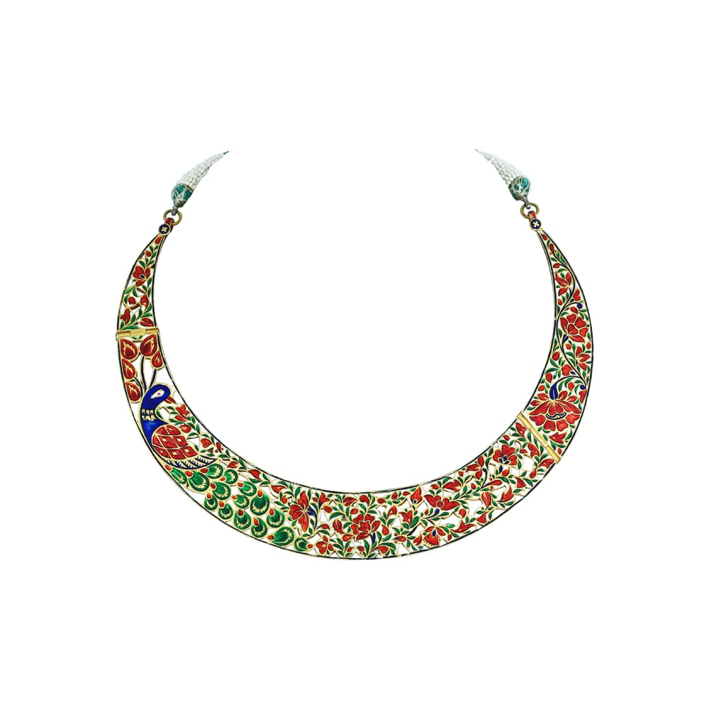 Peacock Motif Polki Hasli with Blue-Green Enamel